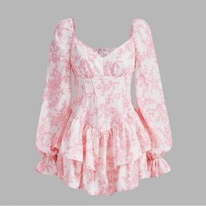 Pink Floral Long Sleeve Short Dress With Shorts Built In